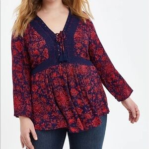 Torrid Navy and Red Floral Blouse